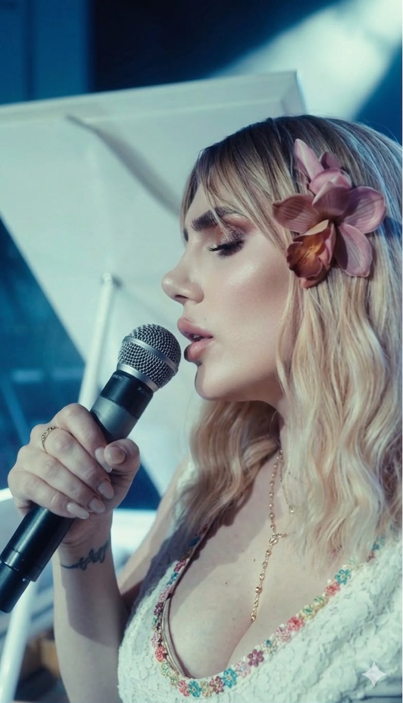 Aylen K con microfono y flor